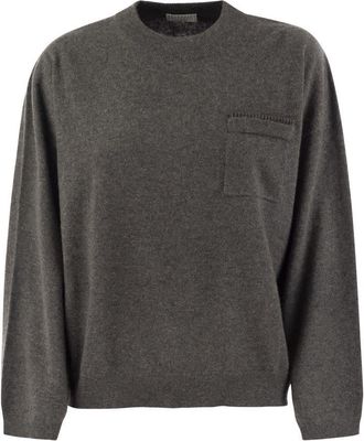 Brunello Cucinelli Brunello Cucinelli Womens Cashmere Sweater With Breast Pocket And Necklace - Grey - Size X-Small