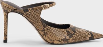 Charles & Keith Snake-Print Buckle-Strap Stiletto-Heel Mules