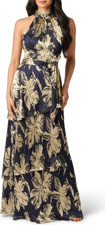 Adrianna Papell Floral Metallic Pliss&eacute; Gown in Navy/gold at Nordstrom, Size 16