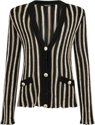 Roberto Cavalli Cardigan met Gelamineerde Strepen - Dames - Vesten - Zwart - S - Katoen - Truien & Vesten