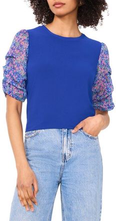 Chaus Mixed Media Floral Print Top in Goddess Blue at Nordstrom, Size Small
