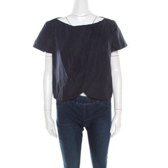Escada Navy Blue Pleated Cross Over Cropped Tulip Jacket