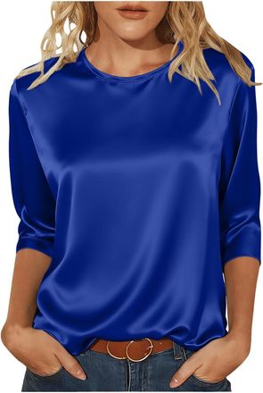 Generic Satin Tops for Women Elegant Going Out Tops Crew Neck 3/4 Sleeve Silk Blouse Ladies Tshirts Shiny Baggy Fashion Tunic Top Casaul Loose Party Business 