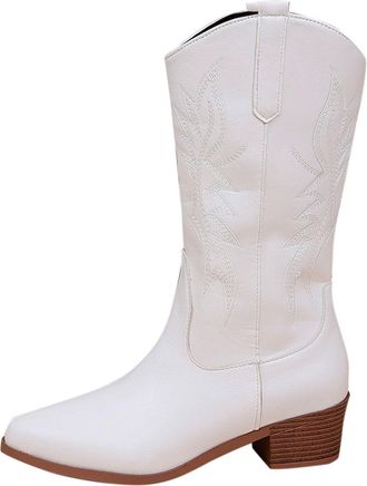 Generic Leather Boot High Boots Pointed Western Cowboy Boots Ladies (White, 4.5)