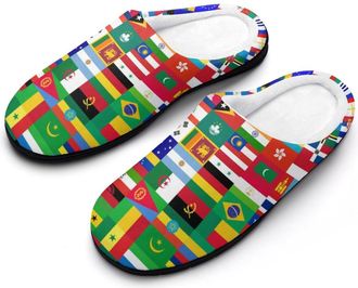 Generic World Country Flag Pattern Cotton Womens Slip-on Slippers Winter Warm House Shoes with Rubber Sole for Home Office Hotel