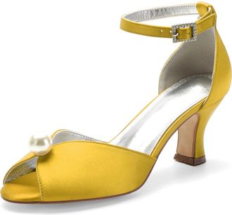 Generic Low Heels Wedding Open Toe Kitten Heel Sandals Heels Wedding Shoes Bridal Shoes Satin Prom Party Dress High Heel 6.5Cm,Yellow,10 UK