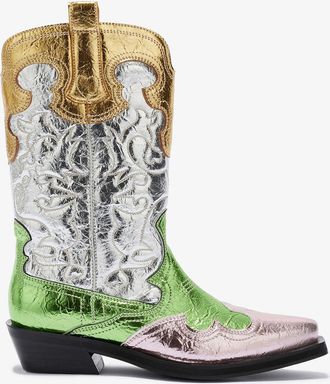 Ganni Mid Shaft Embroidered Western Boots - Size 39 Mixed