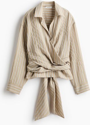 H&M Bluse mit Bindedetail - Hellbeige/Gestreift