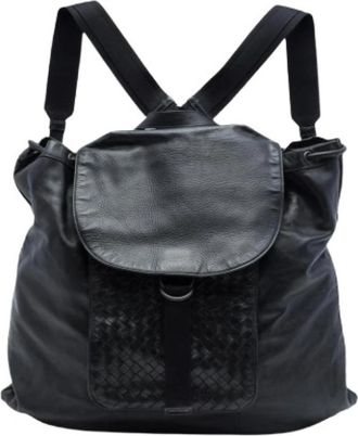 Bottega Veneta Pre-owned Woven-Trim Leather Backpack - Dames - Vintage Rugzakken - Zwart - ONE Size - Leer - Vintage