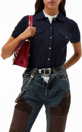 Versace Gender Inclusive Embroidered Short Sleeve Virgin Wool Shirt Cardigan in Navy at Nordstrom, Size 4 Us