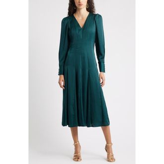 Chelsea28 Long Sleeve Satin Midi Dress in Green Ponderosa at Nordstrom, Size Xx-Small