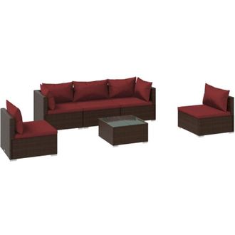 vidaXL Set Muebles De Jard&iacute;n 6 Piezas Y Cojines Rat&aacute;n Sint&eacute;tico Marr&oacute;n Vidaxl