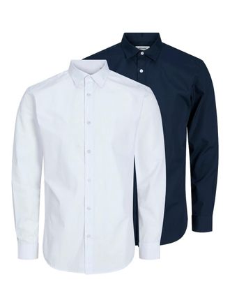 Jack & Jones Langarmhemd JACK & JONES JJJOE SHIRT LS 2 PACK MP, Herren, Gr. XXL, N-Gr, weiss (navy blazer detail:pack w wei&szlig;, slim), Web, Obermaterial: 65% Polyest