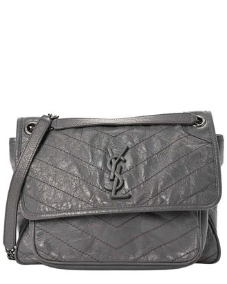 Saint Laurent Fog Crinkled Calfskin Leather Monogram Large Niki Chain Satchel (Authentic Pre-Loved)
