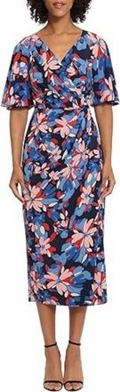 Maggy London Floral Faux-Wrap Midi Dress In Navy Red