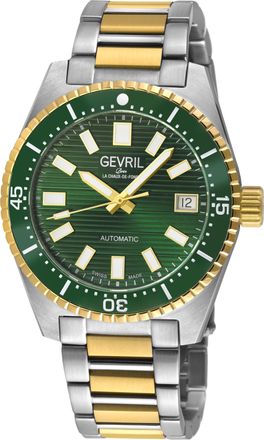 Gevril Group Mens Atlantic Avenue 316L Stainless Steel Case, Green Ceramic Bezel, Embossed Dial, Two toned SS/IPYG Bracelet. - Silver & Gold - One Size