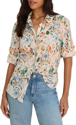 Nic+Zoe Pressed Flower Crochet Trim Cotton Button-Up Top in Neutral Multi at Nordstrom, Size Petite P