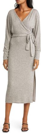 Loveappella Long Sleeve Faux Wrap Midi Dress in Natural at Nordstrom, Size X-Small