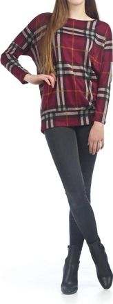 Papillon Plaid Oversized Sweatshirt With Banded Bottom In Burgundy