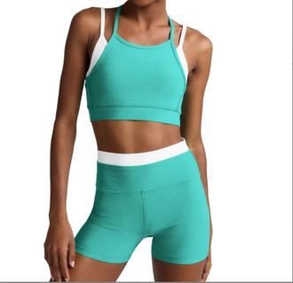 Beyond Yoga Spacedye Layered Long Line Bra In Caribbean Sea