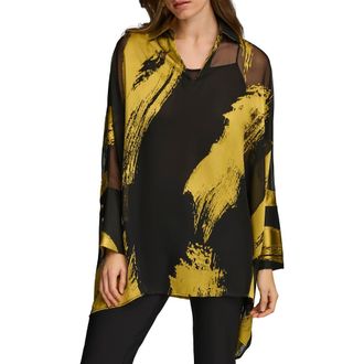 DKNY Point Collar Long Sleeve Tunic in Black/Gold at Nordstrom, Size Small