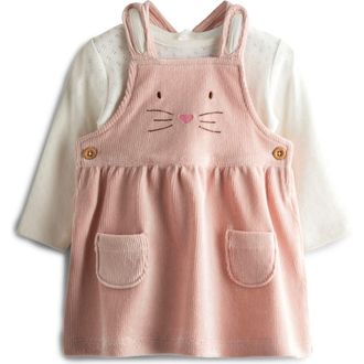 JoJo Maman B&eacute;b&eacute; Long Sleeve Pointelle Knit Bodysuit & Bunny Corduroy Pinafore Dress Set in Pale Pink at Nordstrom, Size 12-18M