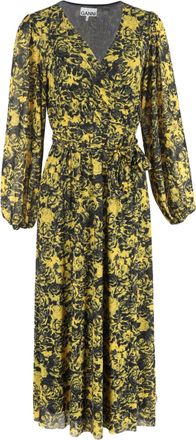 Ganni Ganni Printed Mesh Midi Wrap Dress in Yellow Polyamide