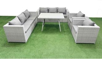 Fimous Fimous - 8 Seater Garden Furniture Set pe Ratten Garden Sofa Set with Rectangular Dining Table Light Grey