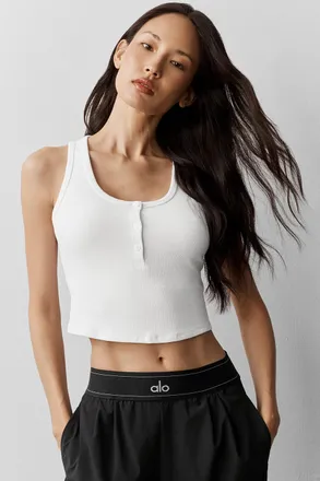Alo | Ribbed Modal Henley Tank Top in White, Size: Medium