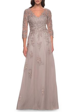 La Femme Tulle and Lace A-Line Dress with V Neckline in Dusty Mauve at Nordstrom, Size 16