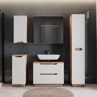 Vicco Juego De Muebles De Ba&ntilde;o Lotta, Roble/blanco Con Estructura De Azulejos, 5 Partes, Vicco