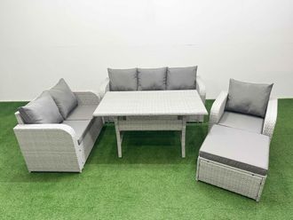 Fimous Patio PE Wicker 7 Seater Outdoor Rattan Furniture Sofa Sets w/ Rectangular Dining Table Reclining Chair Loveseat Sofa 3 Seater Sofa Big