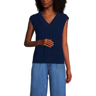 Lands End Drifter Modern Cable V Neck Vest Sweater in Deep Sea Navy at Nordstrom, Size X-Small