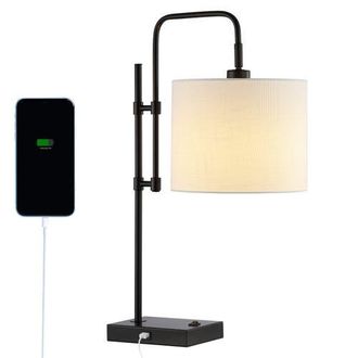 Jonathan Y Designs Edris Industrial Designer Metal LED Task Lamp with USB Charging Port in Black With White Shade at Nordstrom