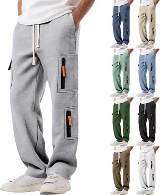 Generic Waffle Trousers Men Cargo Trousers for Men UK Elastic Waist Drawstring Solid Colour Baggy Wide Leg Sweatpants with Pockets Loose Casual Lounge Pants M