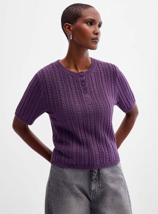 Contemporaine Womens Scalloped trim Henley Shirt collar openwork sweater
