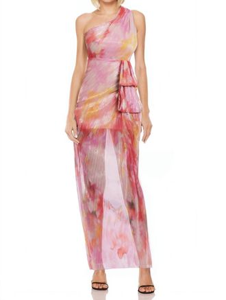 Badgley Mischka Debbie Printed One-Shoulder Gown In Multi