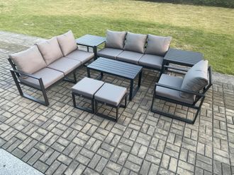 Fimous Aluminium 9 Seater Garden Furniture Outdoor Patio Sofa Set with Rectangular Coffee Table Armchair 2 Small Footstool 2 Side Tables in Dark Grey