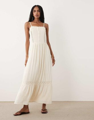 Miss Selfridge Vestito lungo color avorio con inserti in pizzo-Bianco