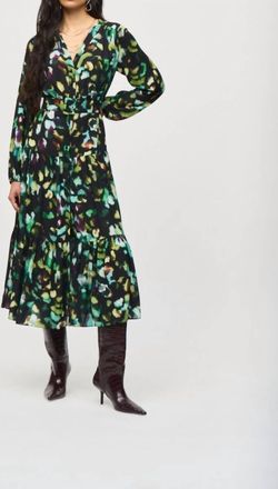 Joseph Ribkoff Abstract Camo Belted A-Line Midi Dress In Black/multi