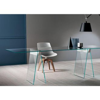 Dmora Dmora - Escritorio Dminier, Escritorio Lineal, Escritorio De Oficina Polivalente, Escritorio Fijo Ahorrador De Espacio, 180x90h75 Cm, Transparente