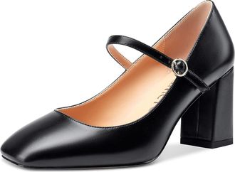 Castamere Womens Mary Jane Square-Toe Pumps Block Heels Strappy Court Shoes 3IN High Heels Black Matte Shoes UK 6