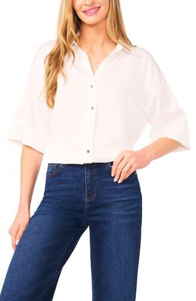 CeCe by Cynthia Steffe Three-Quarter Sleeve Satin Button-Up Shirt in New Ivory at Nordstrom, Size X-Large
