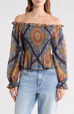 Flying Tomato Off-the-Shoulder Print Top in Black/Blue Multi at Nordstrom Rack, Size Medium