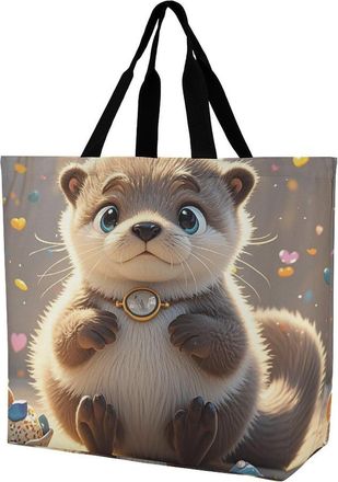 Generic Cartoon Cute Otters Tote Bag Handle Carry Bag Reusable Grocery Bags For Beach Work College