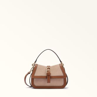 Furla Flow Borsa A Mano Mini Toni Cognac Marrone Tessuto Di Canvas + Pelle Di Vitello Sidney Donna