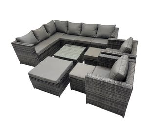 Fimous Patio Furniture Sets with Corner Sofa 2 Chairs Square 3 Footstools in Dark Grey