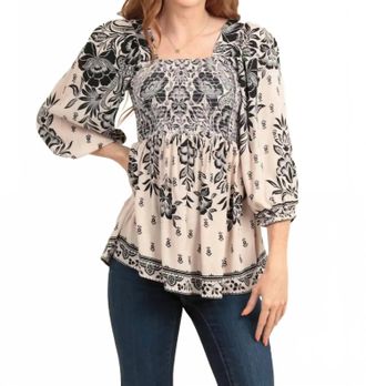 Angie Square Neck Long Sleeve Smocked Bust Blouse In Cream/black