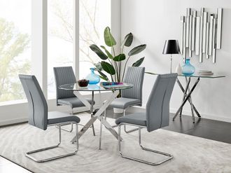Furniturebox Novara Clear Tempered Glass 100cm Round Dining Table with Chrome Starburst Legs & 4 Lorenzo Faux Leather Chairs in Grey