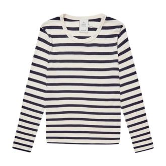 Munthe Gestreepte Navy Trui met Vrouwelijke Details - Dames - Longsleeves - Blauw - M - Katoen - Tops